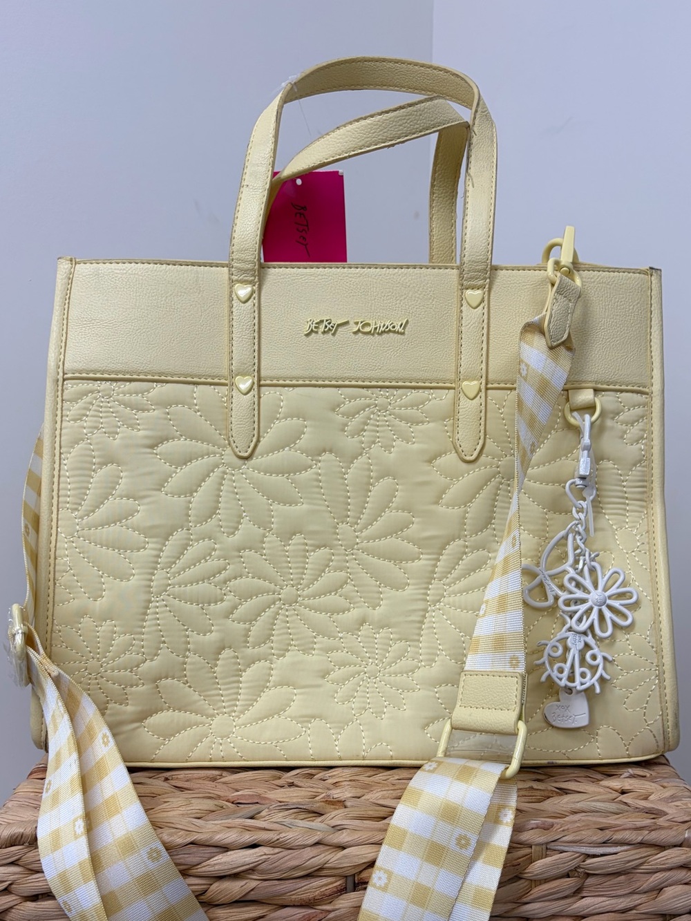 Betsey Johnson Yellow Quilted Floral Tote with Gingham Strap